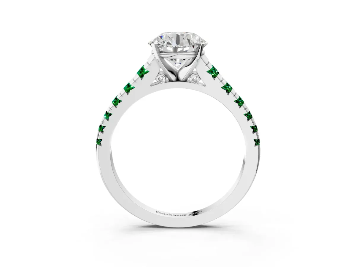 Round Cut Diamond Cathedral Solitaire Ring with Round Emerald Pavé Band Platinum