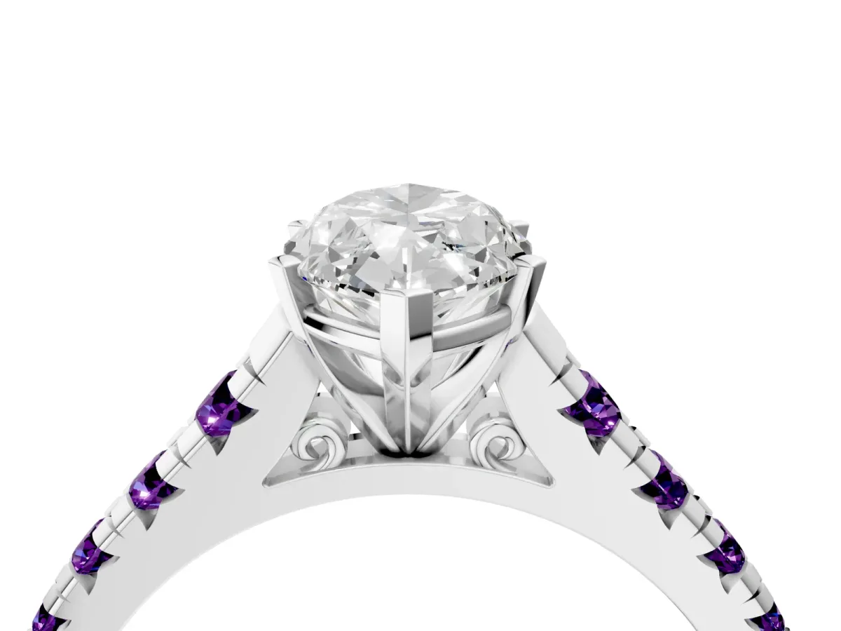 Marquise Cut Diamond Cathedral Solitaire Ring with Round Amethyst Pavé Band Silver