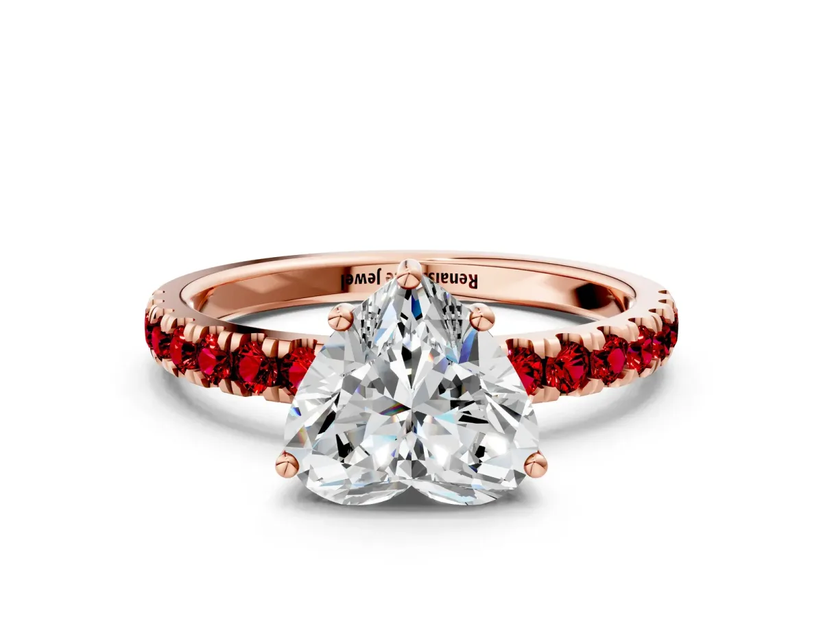 Heart Cut Diamond Pave Band Solitaire Ring with Round Ruby and Prong Setting Rose gold