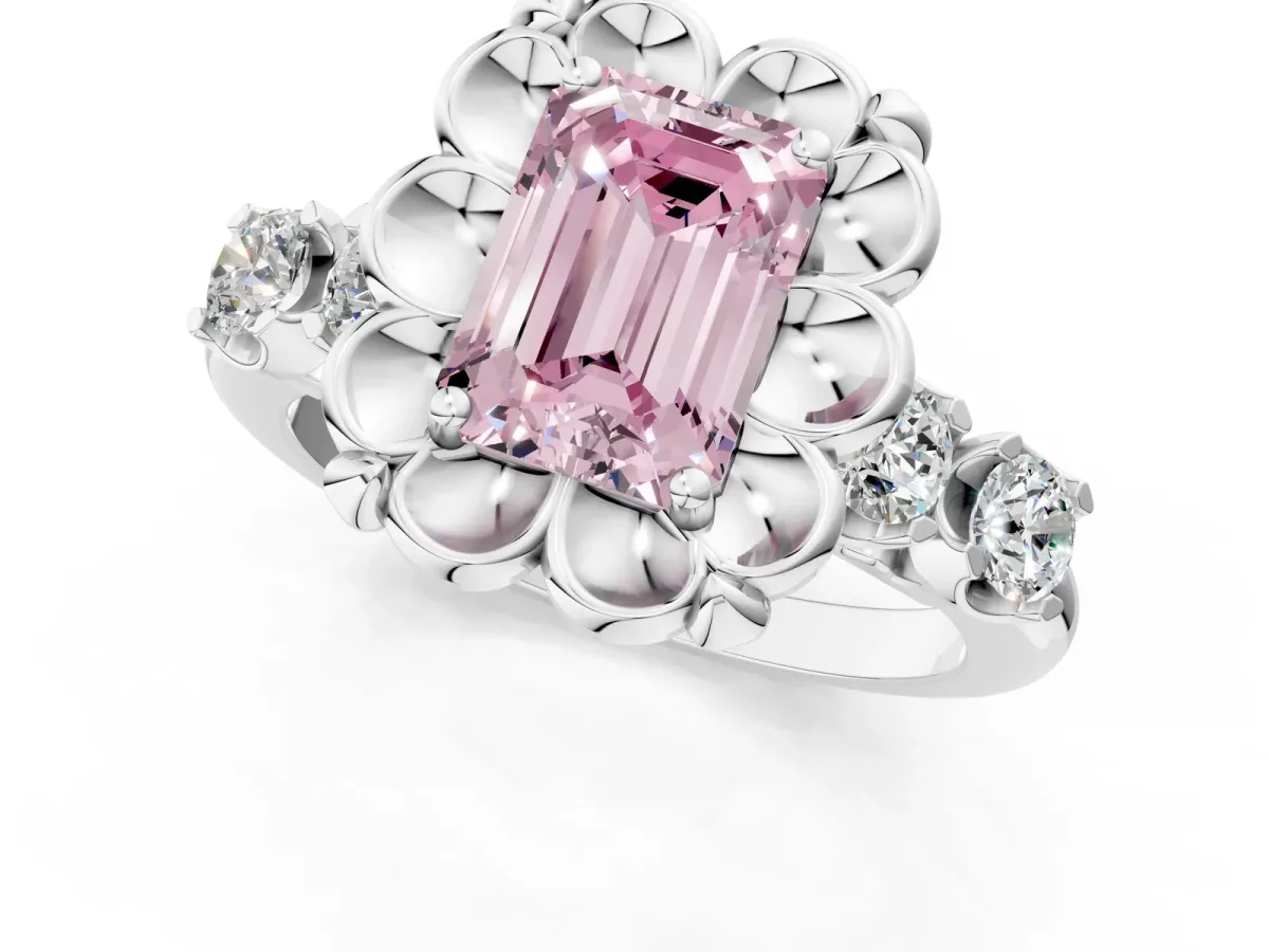 Fancy Pink Emerald Cut Cut Diamond Floral Halo Engagement Ring with Shared Prong Setting Silver