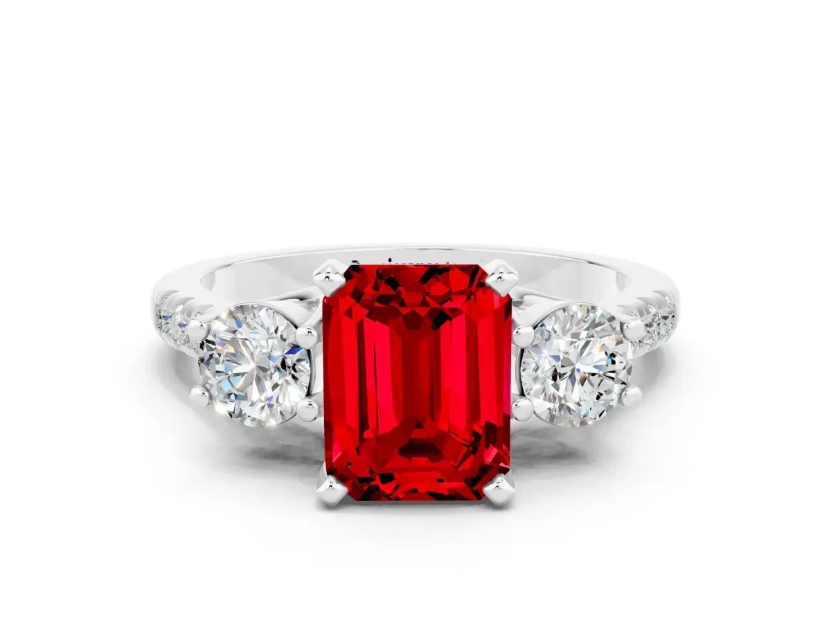 Three-Stone Emerald Cut Ruby Pavé Band with Four-Prong Setting Silver
