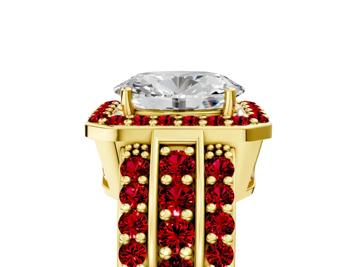 Oval Cut Halo Diamond Ring with Round Ruby Split Shank and Prong Setting Yellow gold