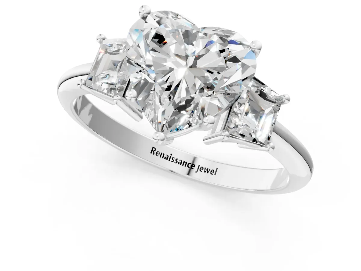 Heart Cut Diamond Three-Stone Ring with Trapezoid Side Stones and Prong Setting Platinum