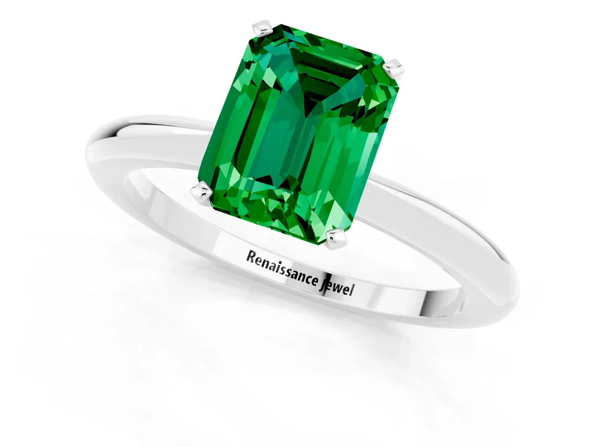 Emerald Cut Emerald Solitaire Ring with Six-Prong Setting and Classic Band Silver