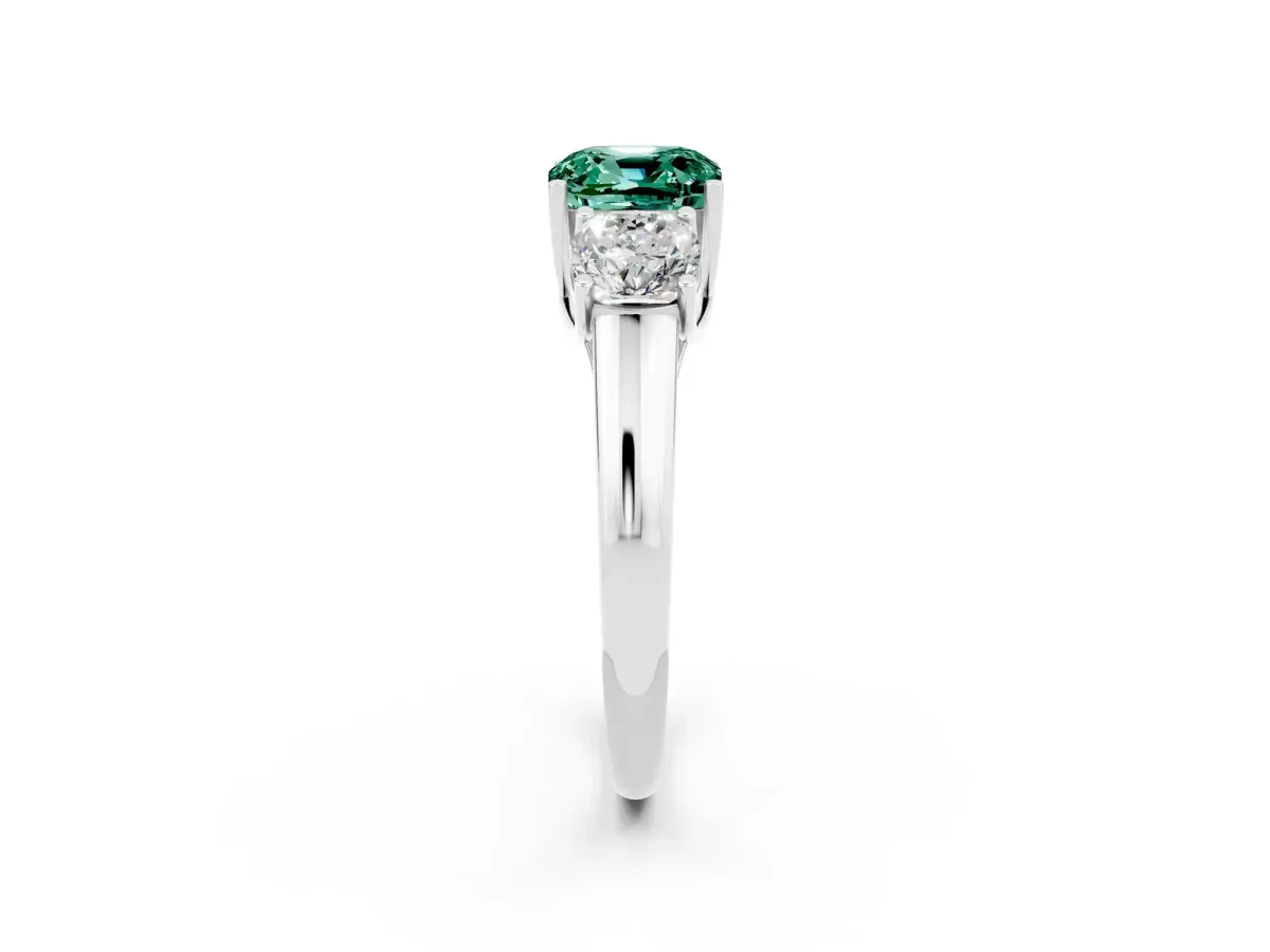 Three-Stone Cushion Cut Green Sapphire Engagement Ring with Prong Setting White gold