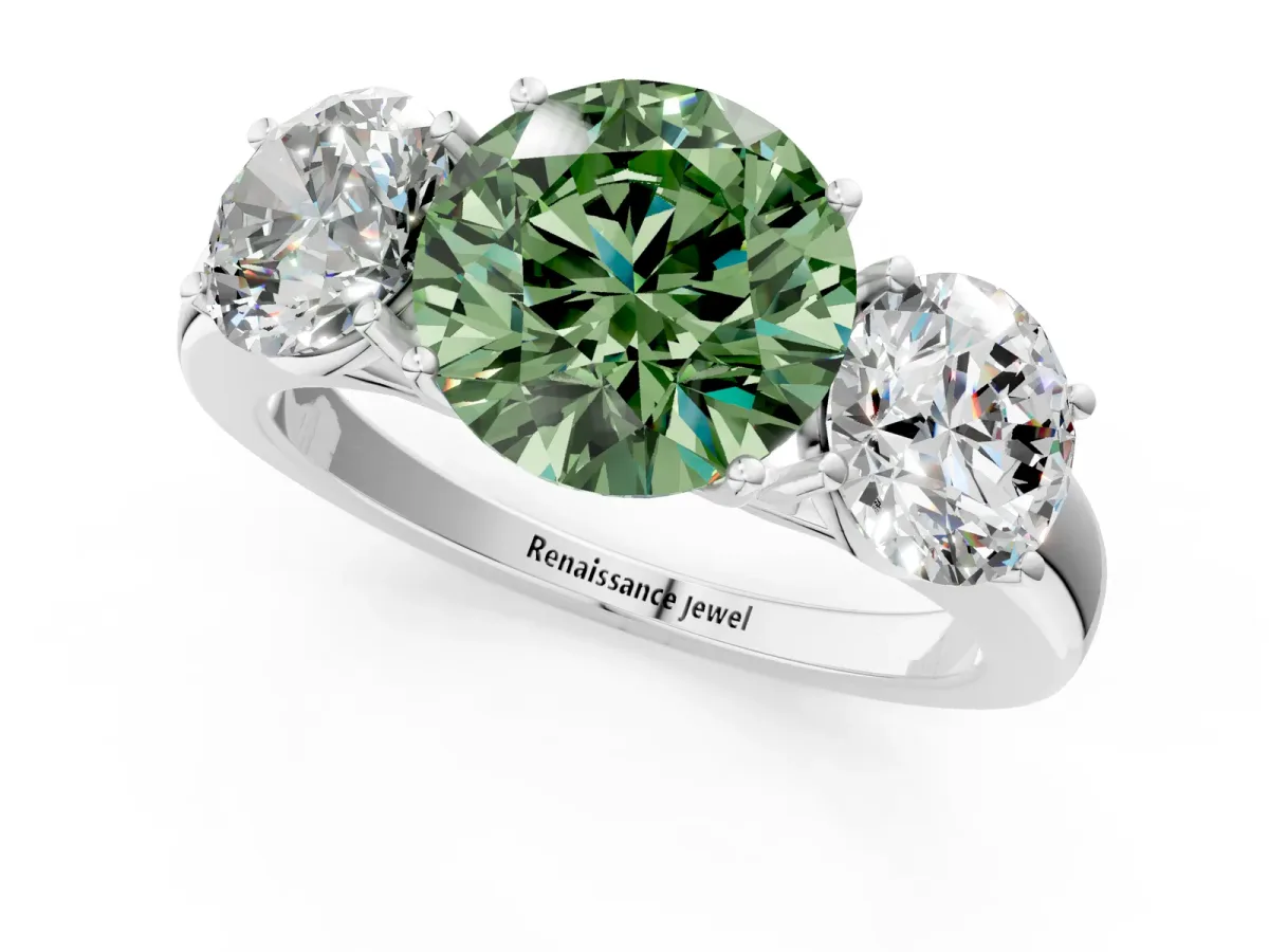 Fancy Green Round Cut Diamond Three-Stone Ring with Four-Prong Setting and Classic Band Platinum