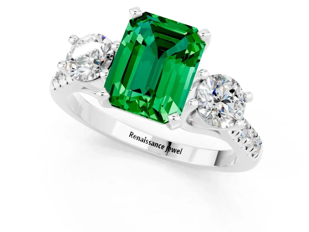 Three-Stone Emerald Cut Emerald Pavé Band with Four-Prong Setting Silver