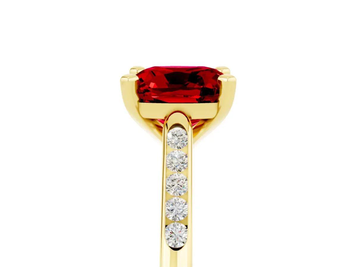 Cushion Cut Ruby Solitaire Ring with Channel Set Round Band and Prong Setting Yellow gold