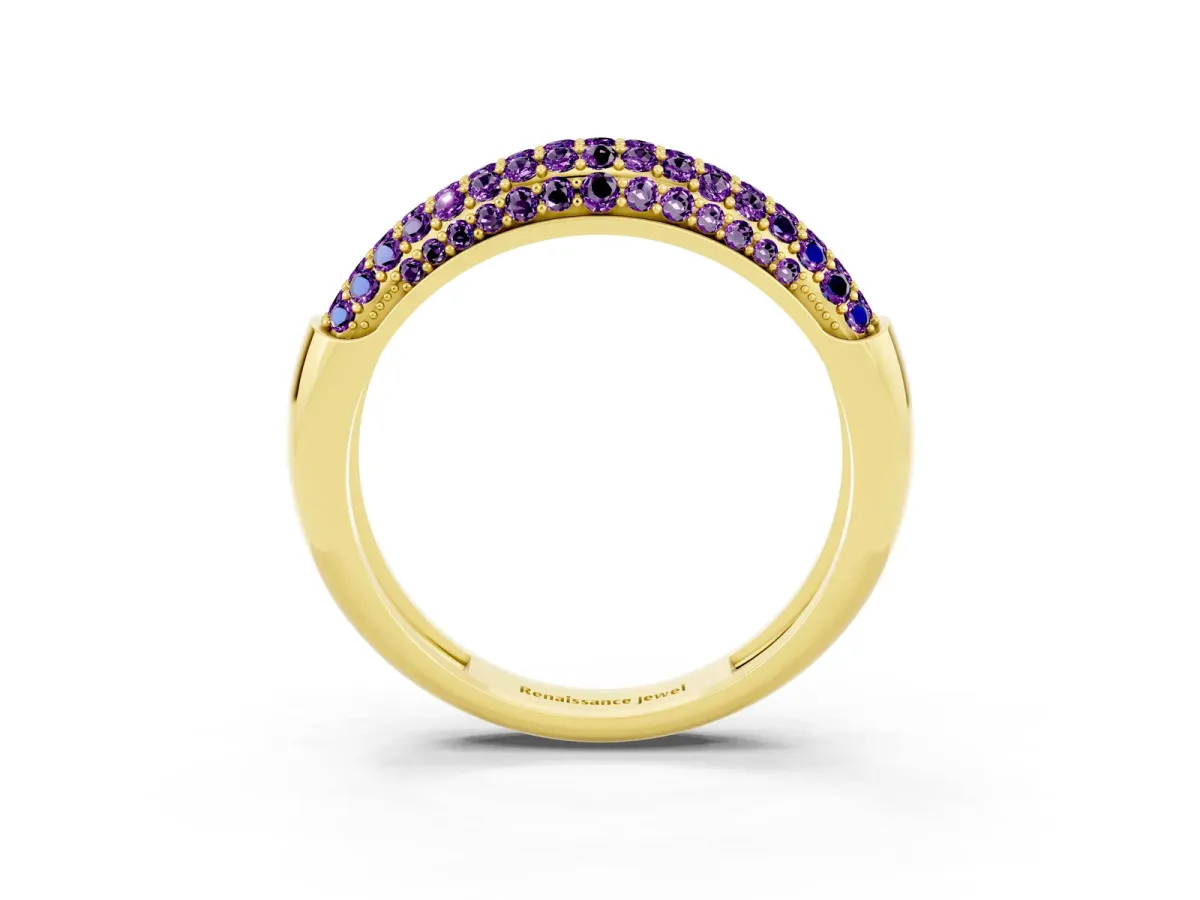 Three-Row Pavé Round Amethyst Dome Band Yellow gold