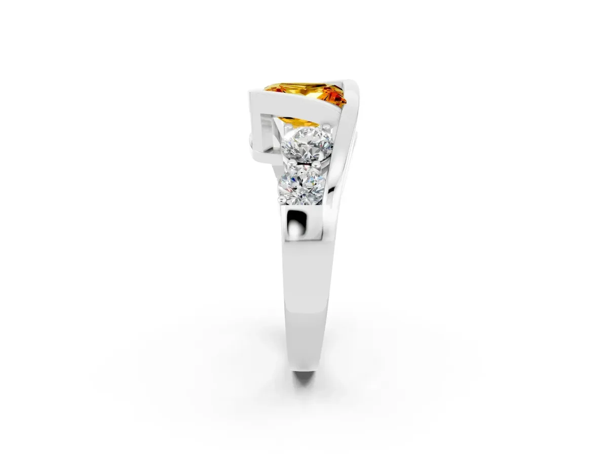Bezel Set Princess Cut Citrine Bypass Ring with Round Accents Silver