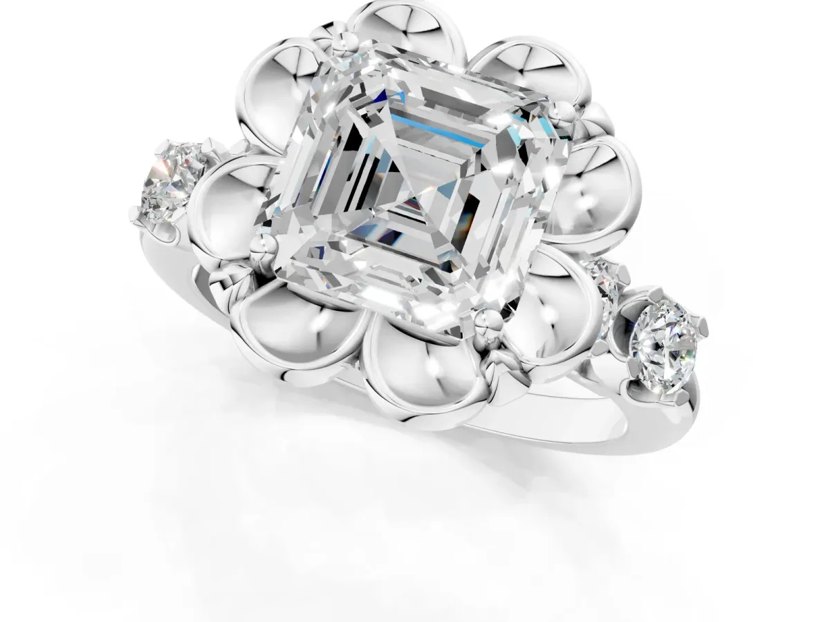 Asscher Cut Cut Diamond Floral Halo Engagement Ring with Shared Prong Setting Silver