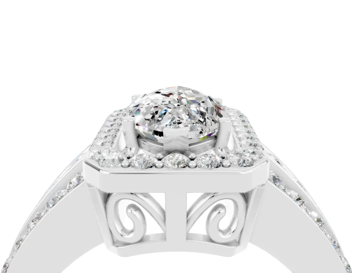 Marquise Cut Halo Moissanite Ring with Round Split Shank and Prong Setting Silver