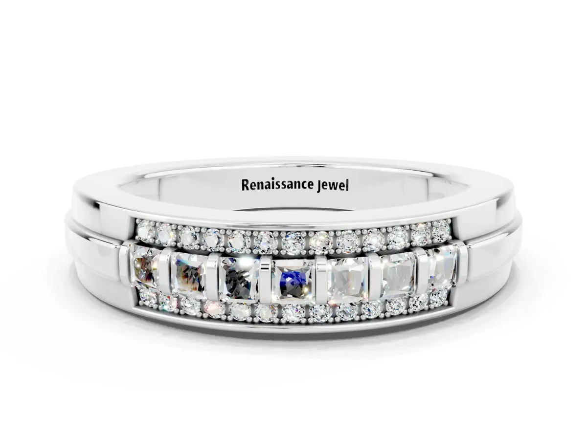 Bar-Set Princess Cut Moissanite Pavé Band Silver
