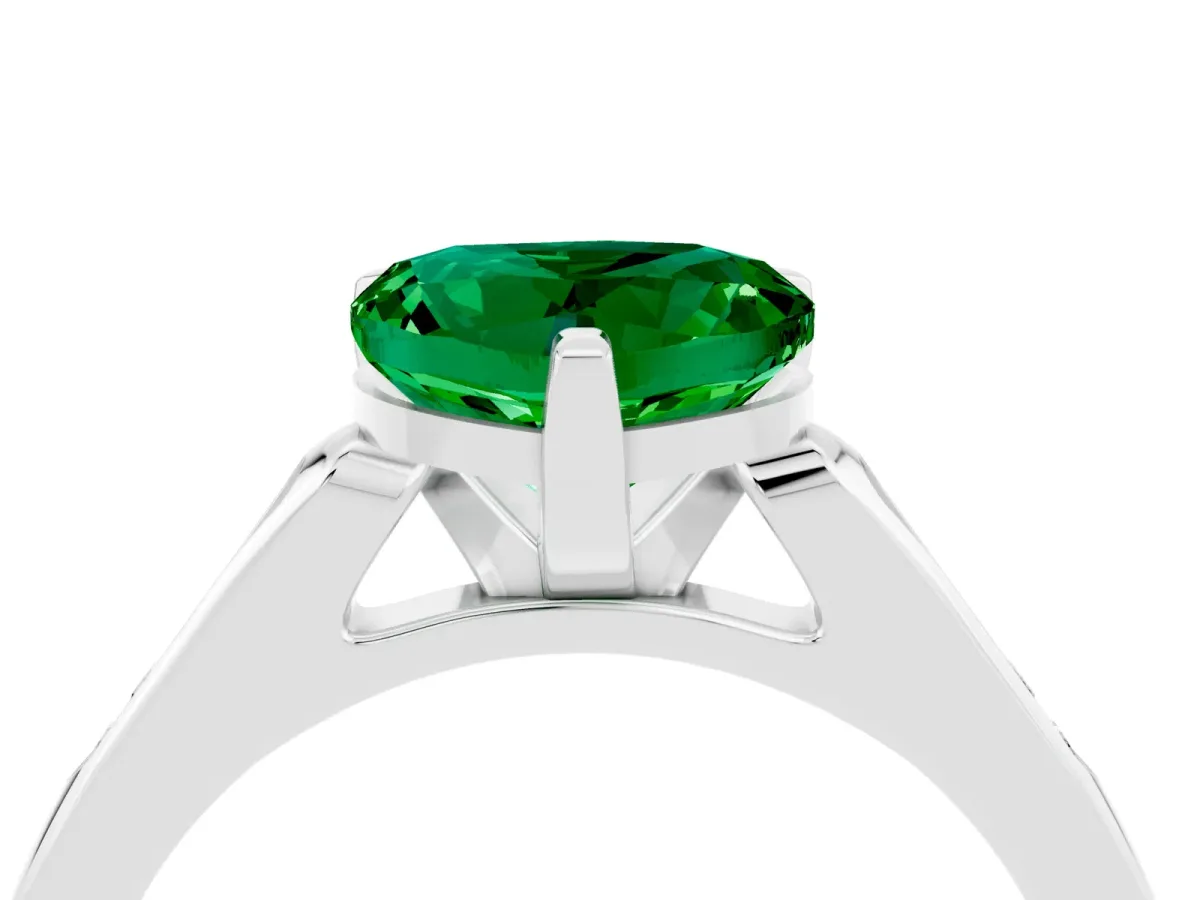 Heart Cut Emerald Solitaire Ring with Channel Set Round Band and Prong Setting Silver
