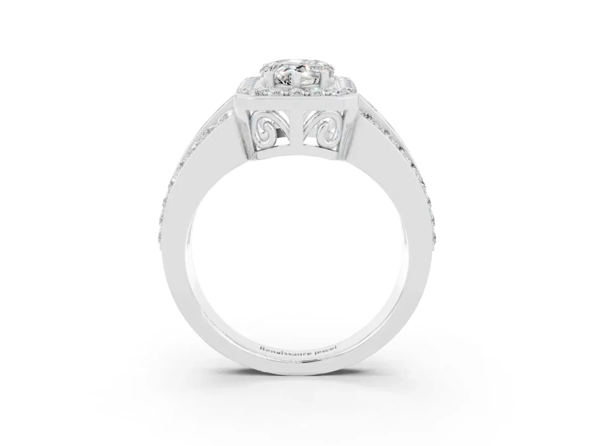 Pear Cut Halo Moissanite Ring with Round Split Shank and Prong Setting Silver