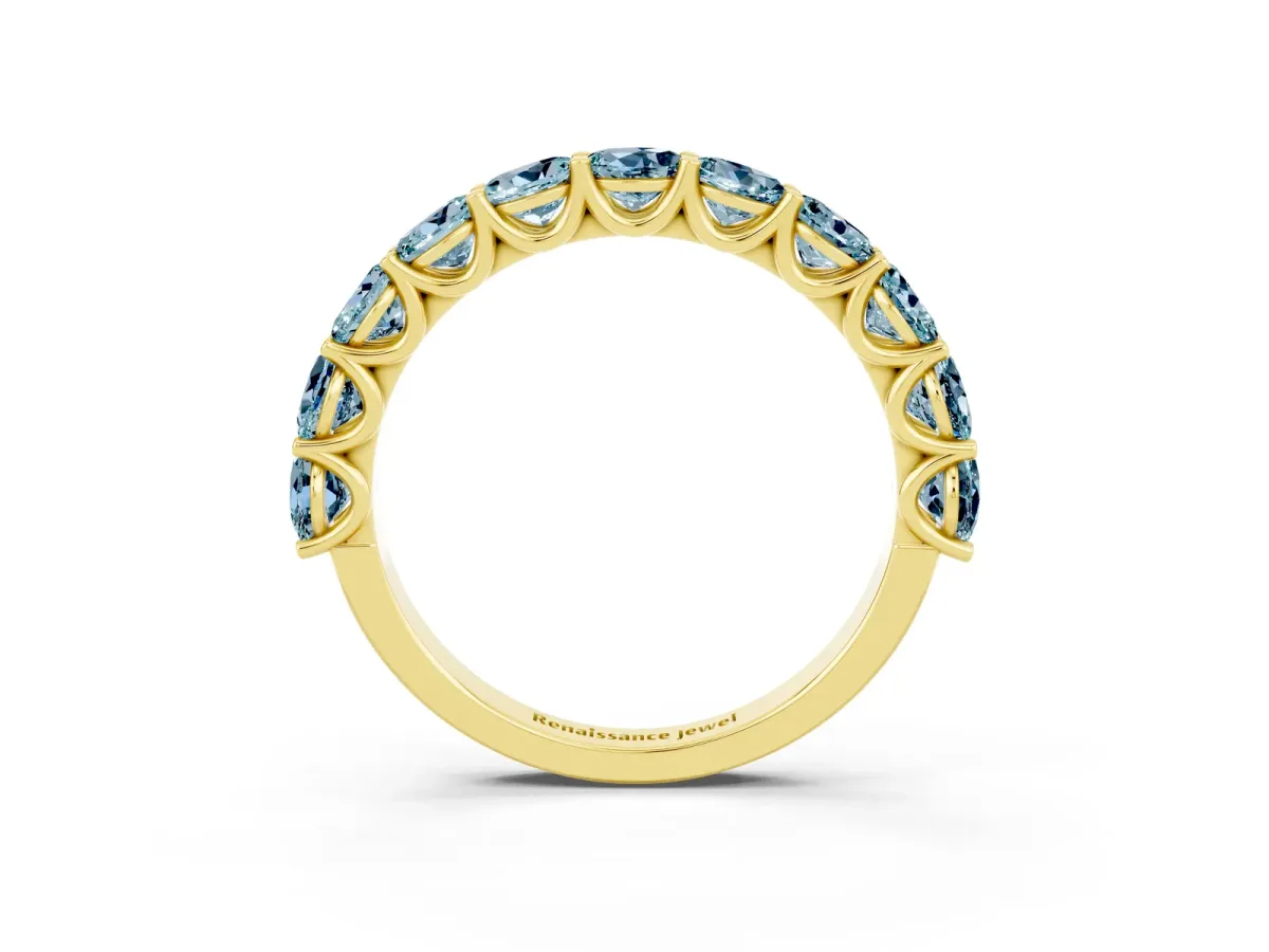 Round Aquamarine Shared Prong Eternity Band Yellow gold