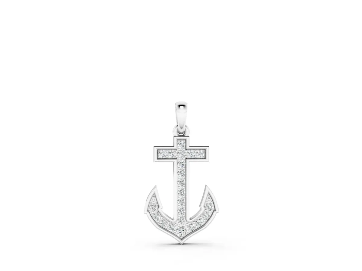 Pavé Round Diamond Anchor Pendant with Four-Prong Setting Silver