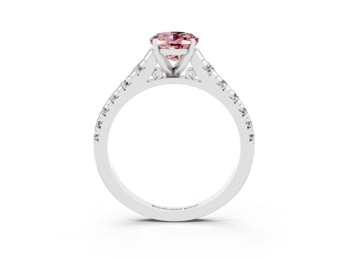 Oval Cut Morganite Cathedral Solitaire Ring with Round Pavé Band Silver