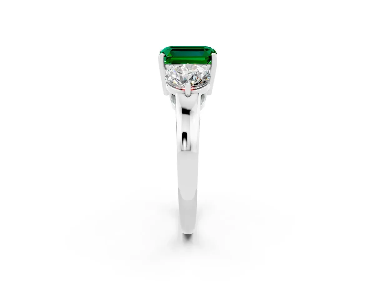 Emerald Cut Emerald Three-Stone Ring with Prong Setting and Classic Band White gold