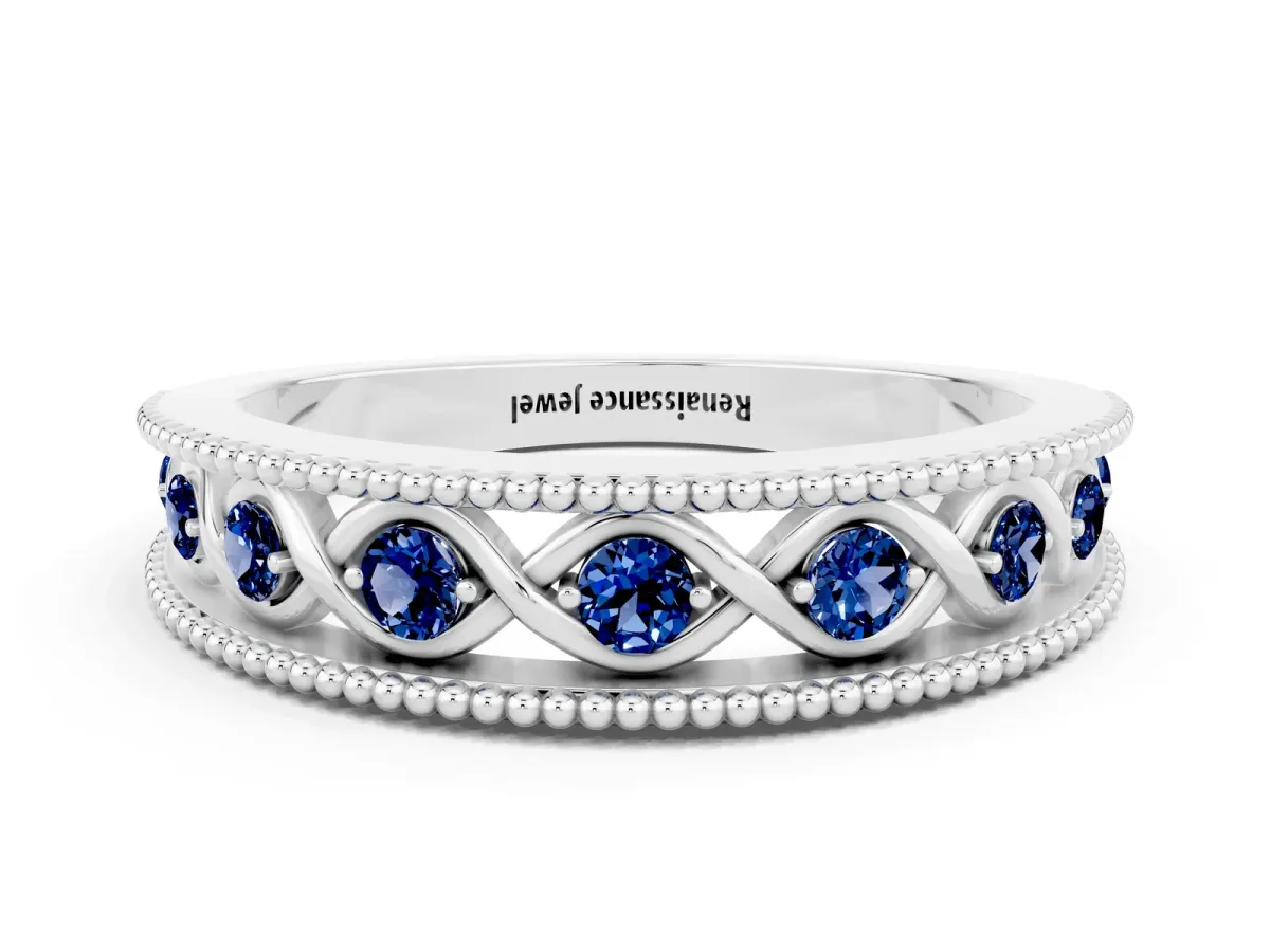 Round Blue Sapphire Twist Milgrain Band with Bezel Setting Platinum