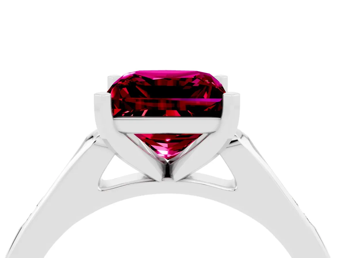 Princess Cut Garnet Solitaire Ring with Channel Set Round Band and Prong Setting Silver