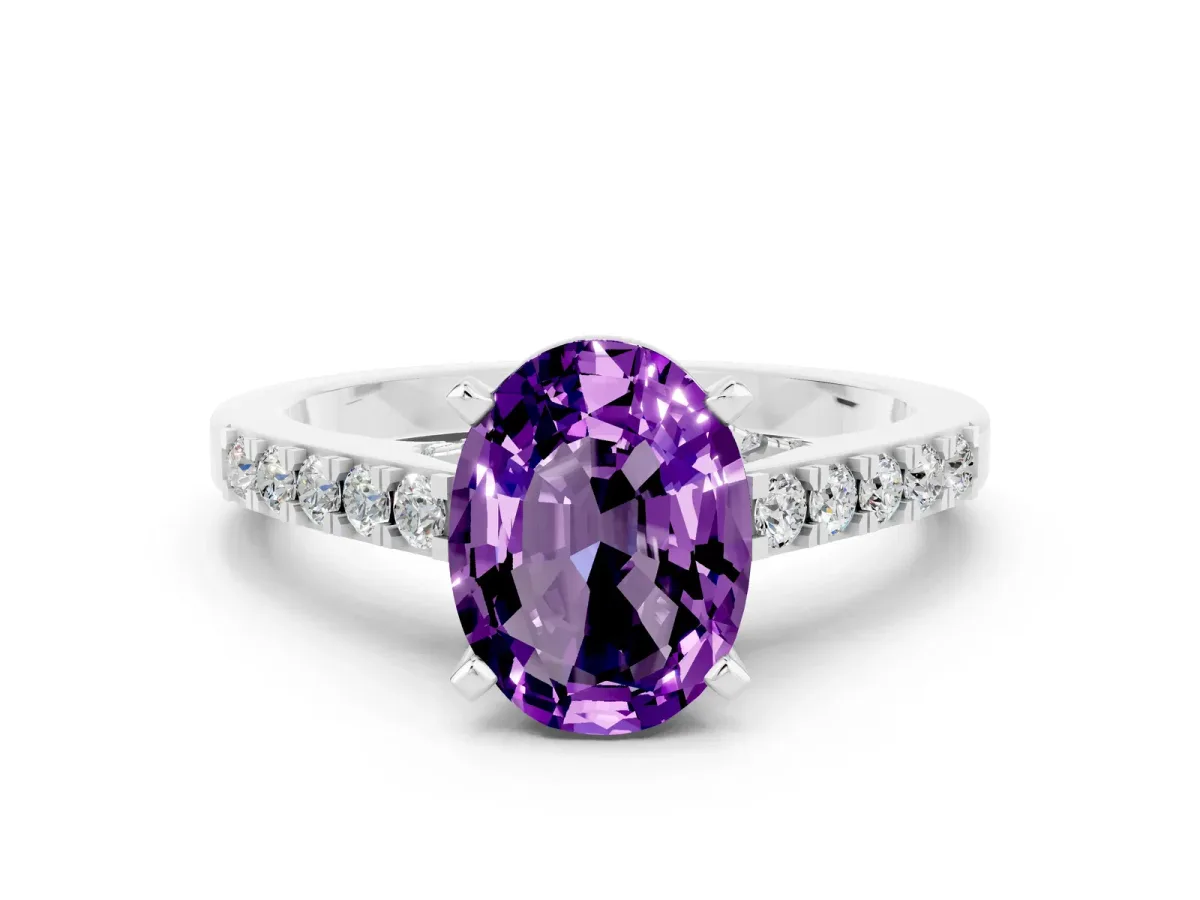 Oval Cut Amethyst Solitaire Ring with Crossover Gallery and Round Pavé Band Silver