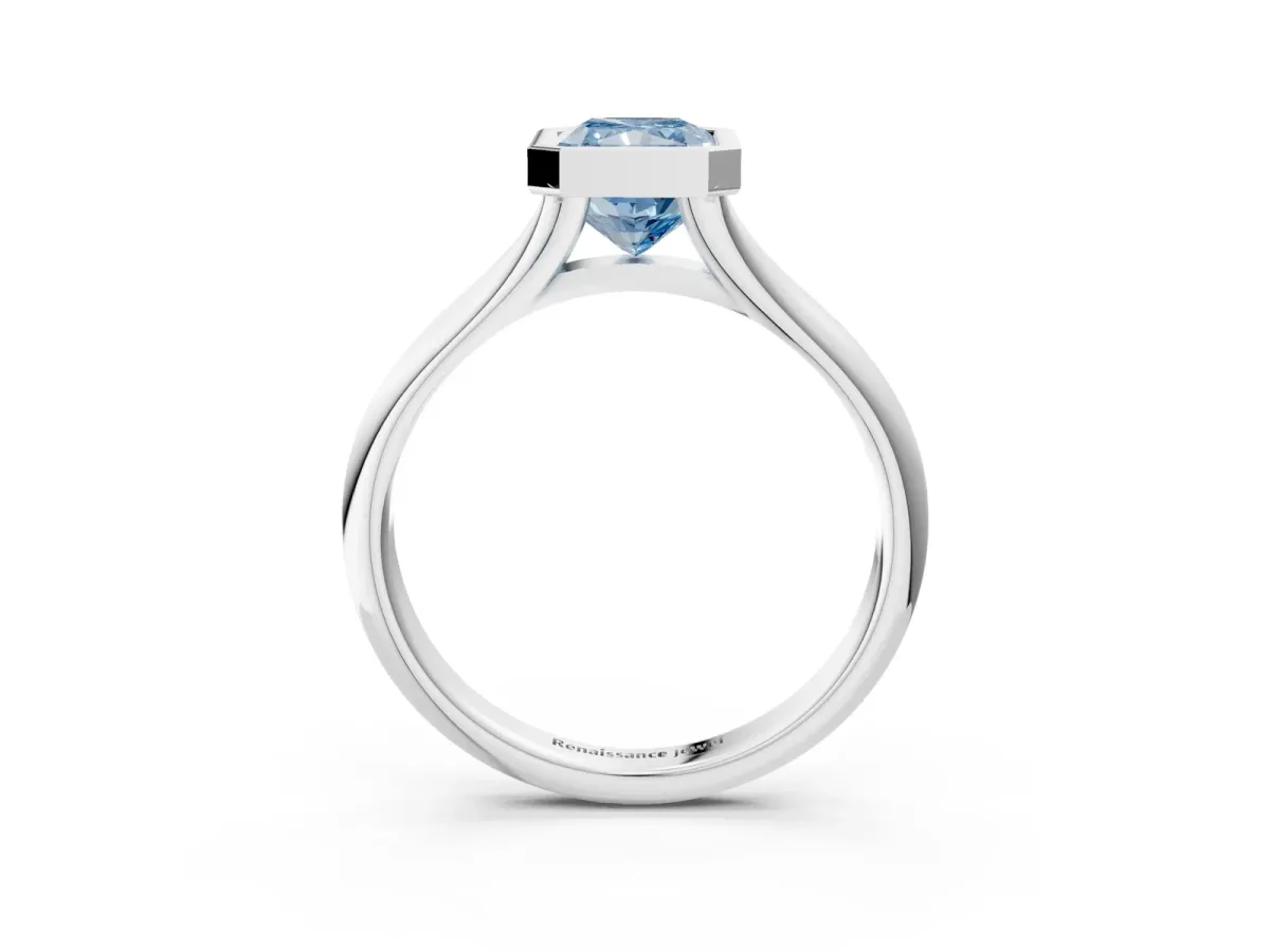 Fancy Blue Bezel Set Radiant Cut Solitaire Diamond Ring with Smooth Band Platinum