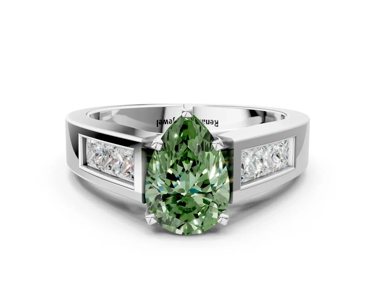 Fancy Green Pear Cut Cut Channel Set Solitaire Ring with Four-Prong Setting Silver