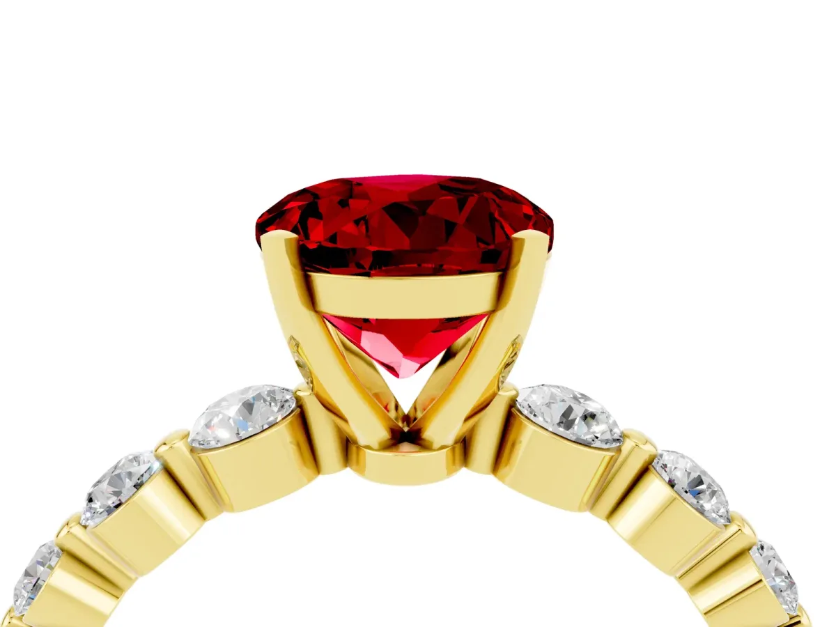 Round Cut Solitaire Ruby Ring with Pave Band and Four-Prong Setting Yellow gold