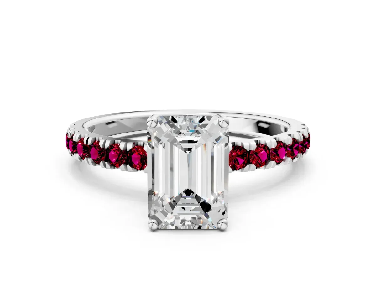Emerald Cut Diamond Pave Band Solitaire Ring with Round Garnet and Prong Setting Platinum
