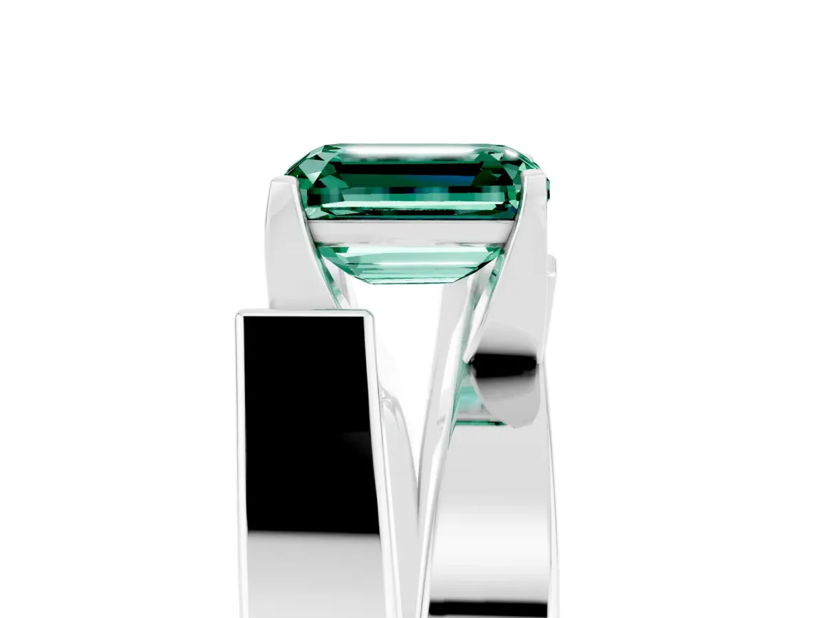 Modern Tension Set Emerald Cut Green Sapphire Solitaire Wide Band Ring Silver