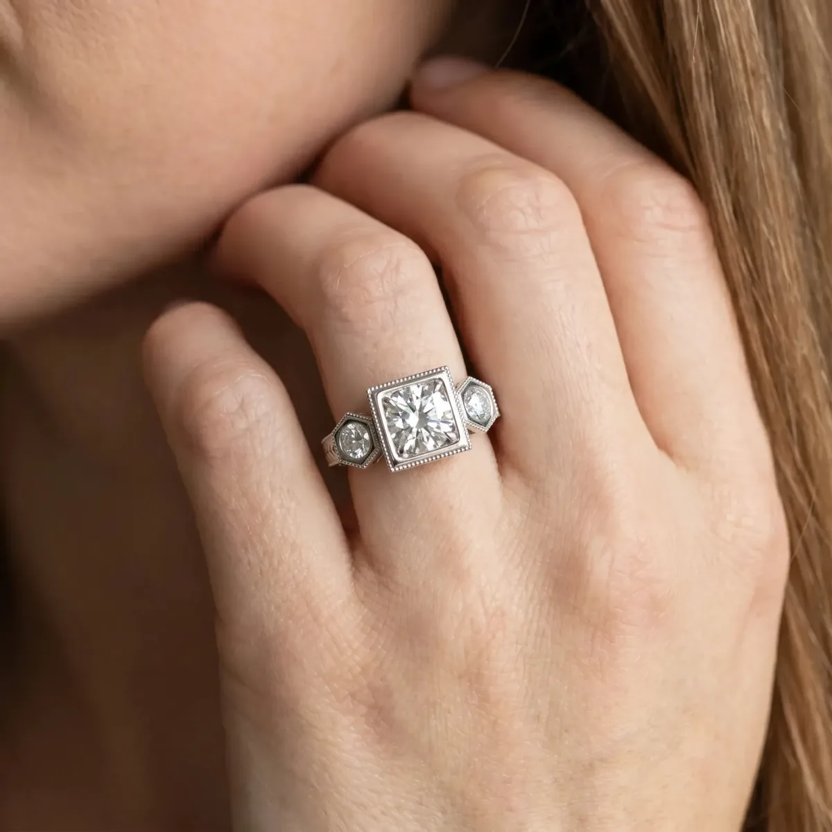 Bezel-Set Princess and Round Cut Milgrain Band Ring Platinum