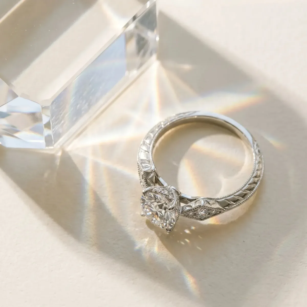 Round Cut Solitaire Diamond Ring with Milgrain Band and Four-Prong Setting Platinum