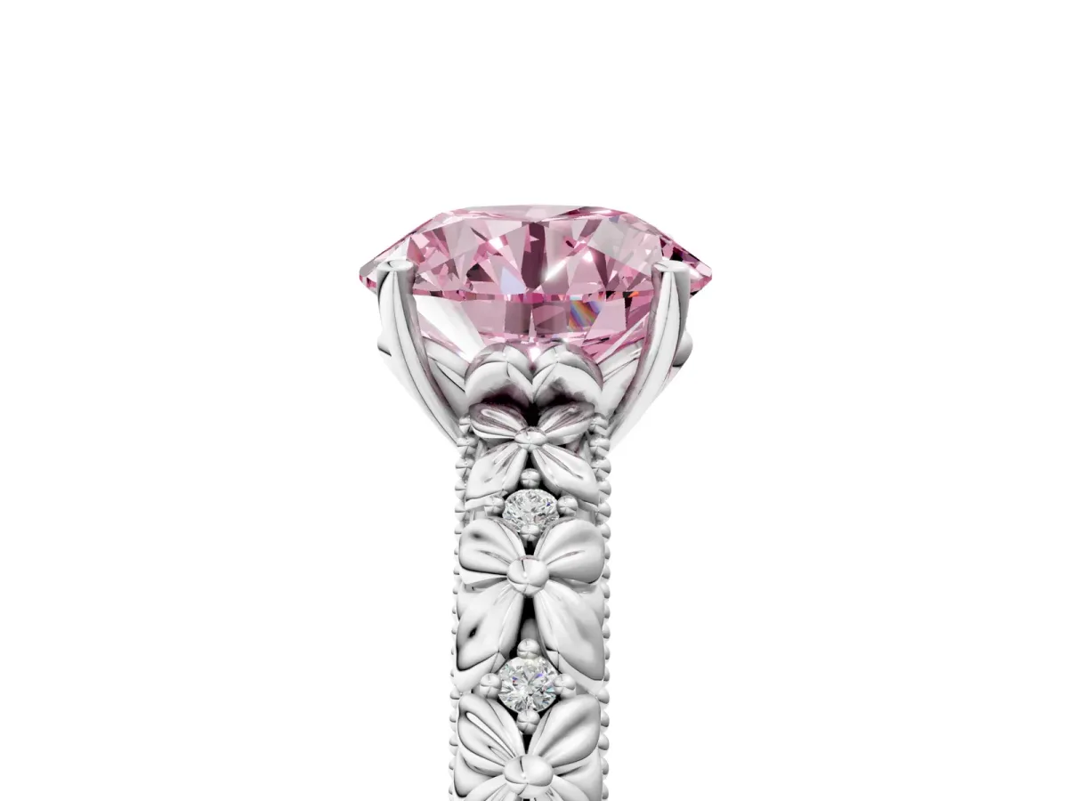 Fancy Pink Round Cut Solitaire Floral Milgrain Engagement Ring Silver
