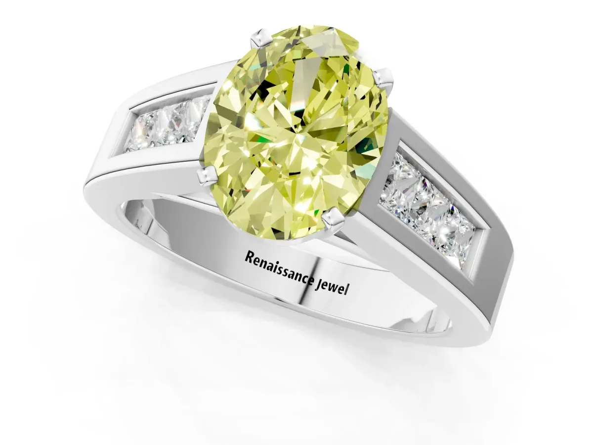 Fancy Yellow Oval Cut Cut Channel Set Solitaire Ring with Four-Prong Setting Platinum