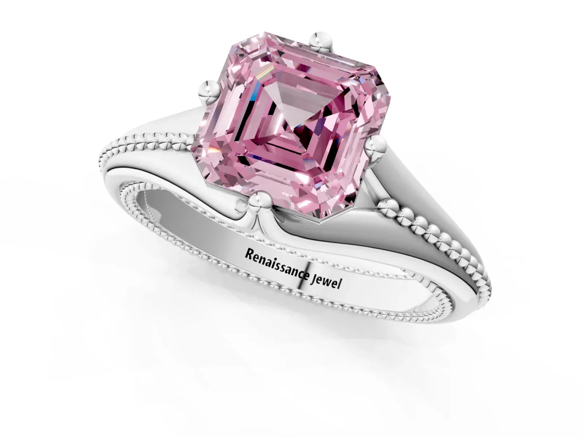 Fancy Pink Asscher Cut Solitaire Beaded Band Six-Prong Setting Platinum