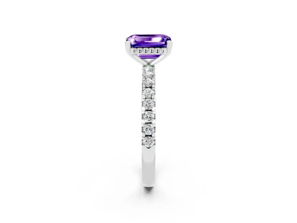 Emerald Cut Tanzanite Solitaire Ring with Round Pavé Band and Four-Prong Setting Silver