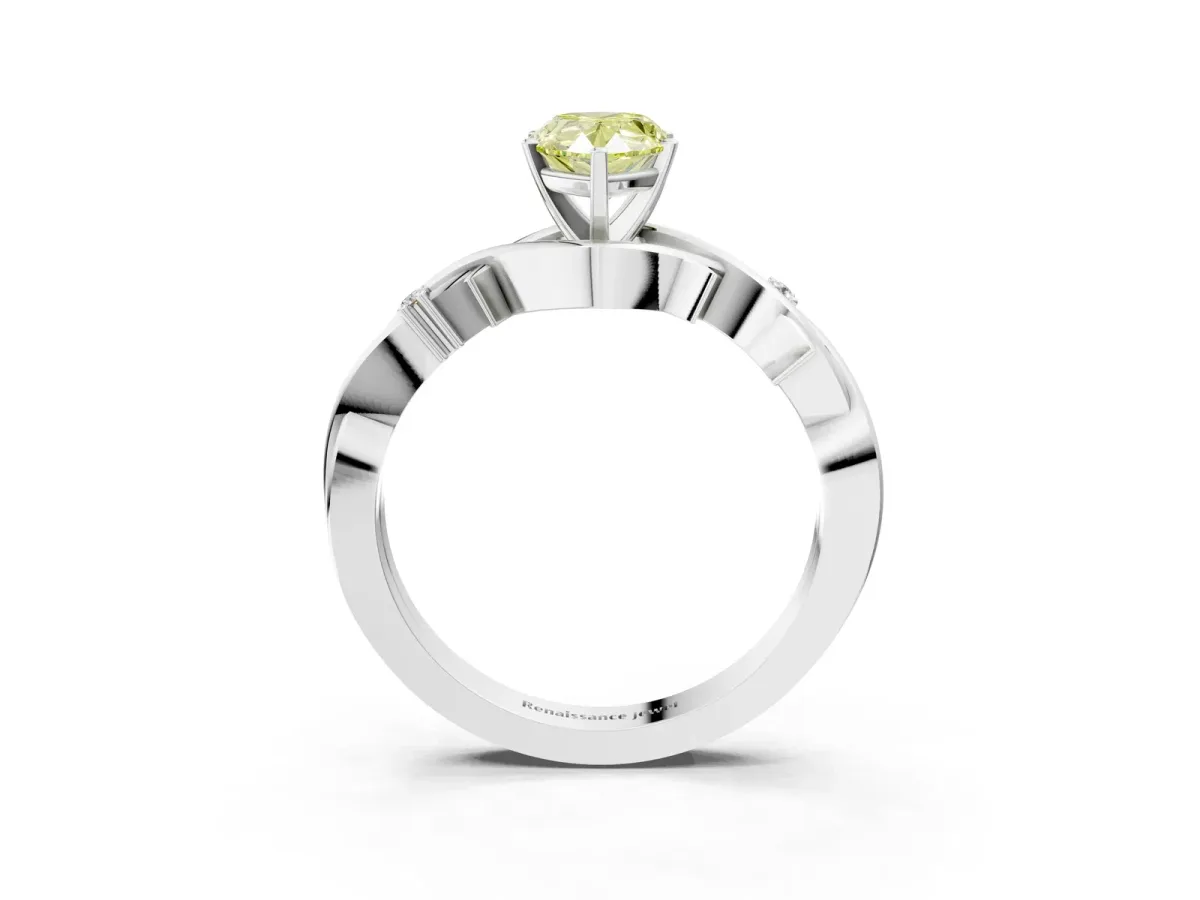 Fancy Yellow Pear Cut Diamond Solitaire Ring with Twisted Band and Prong Setting Platinum