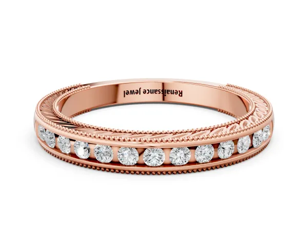 Channel Set Round Diamond Milgrain Edge Wedding Band Rose gold