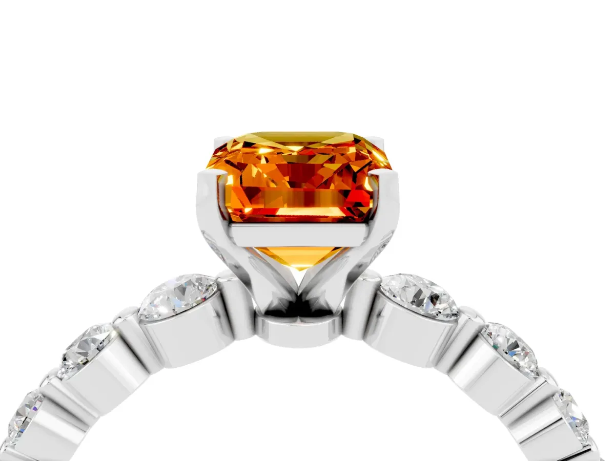 Emerald Cut Solitaire Citrine Ring with Pave Band and Four-Prong Setting Platinum