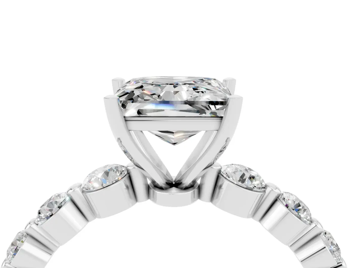 Princess Cut Solitaire Moissanite Ring with Pave Band and Four-Prong Setting Silver