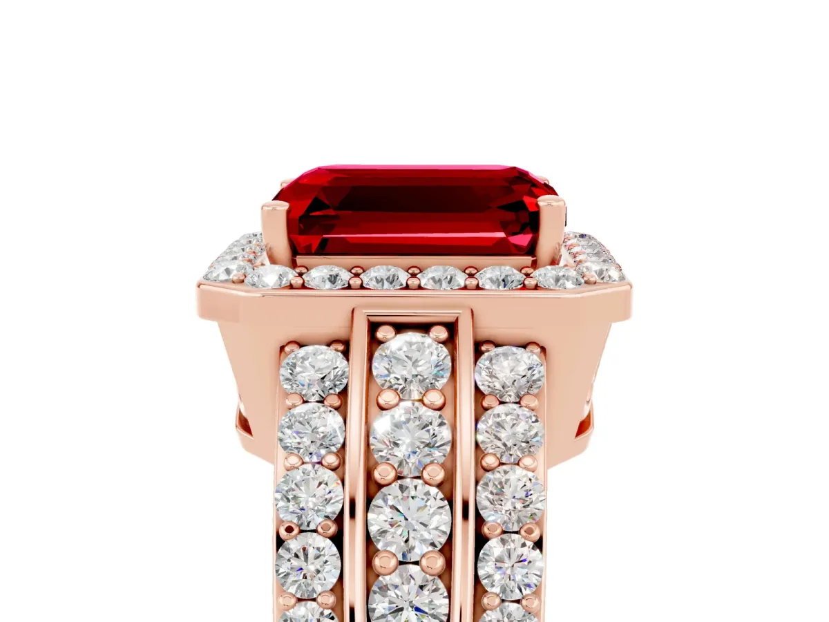 Emerald Cut Halo Ruby Ring with Round Split Shank and Prong Setting Rose gold