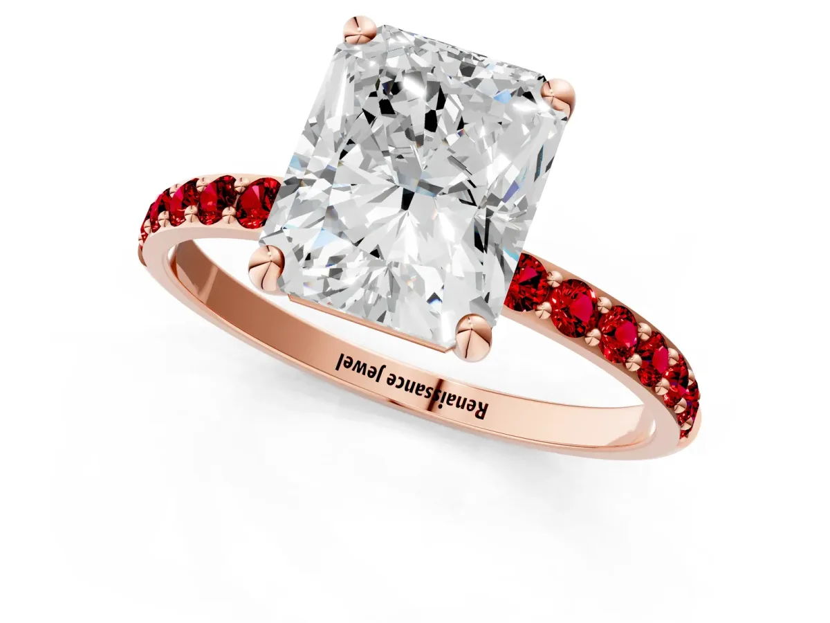 Radiant Cut Diamond Solitaire Ring with Round Ruby Pavé Band and Prong Setting Rose gold