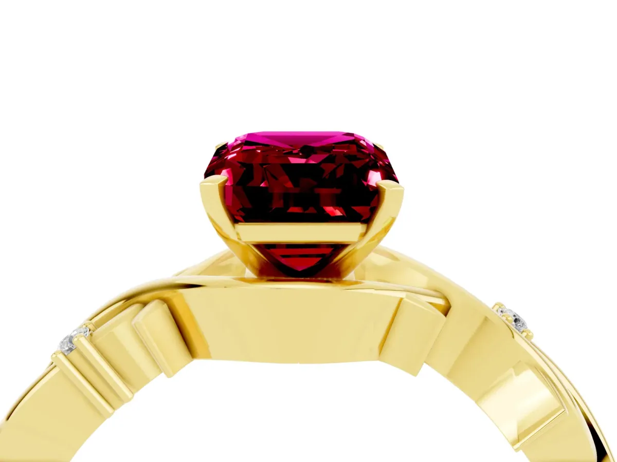 Emerald Cut Garnet Solitaire Ring with Twisted Band and Prong Setting Yellow gold