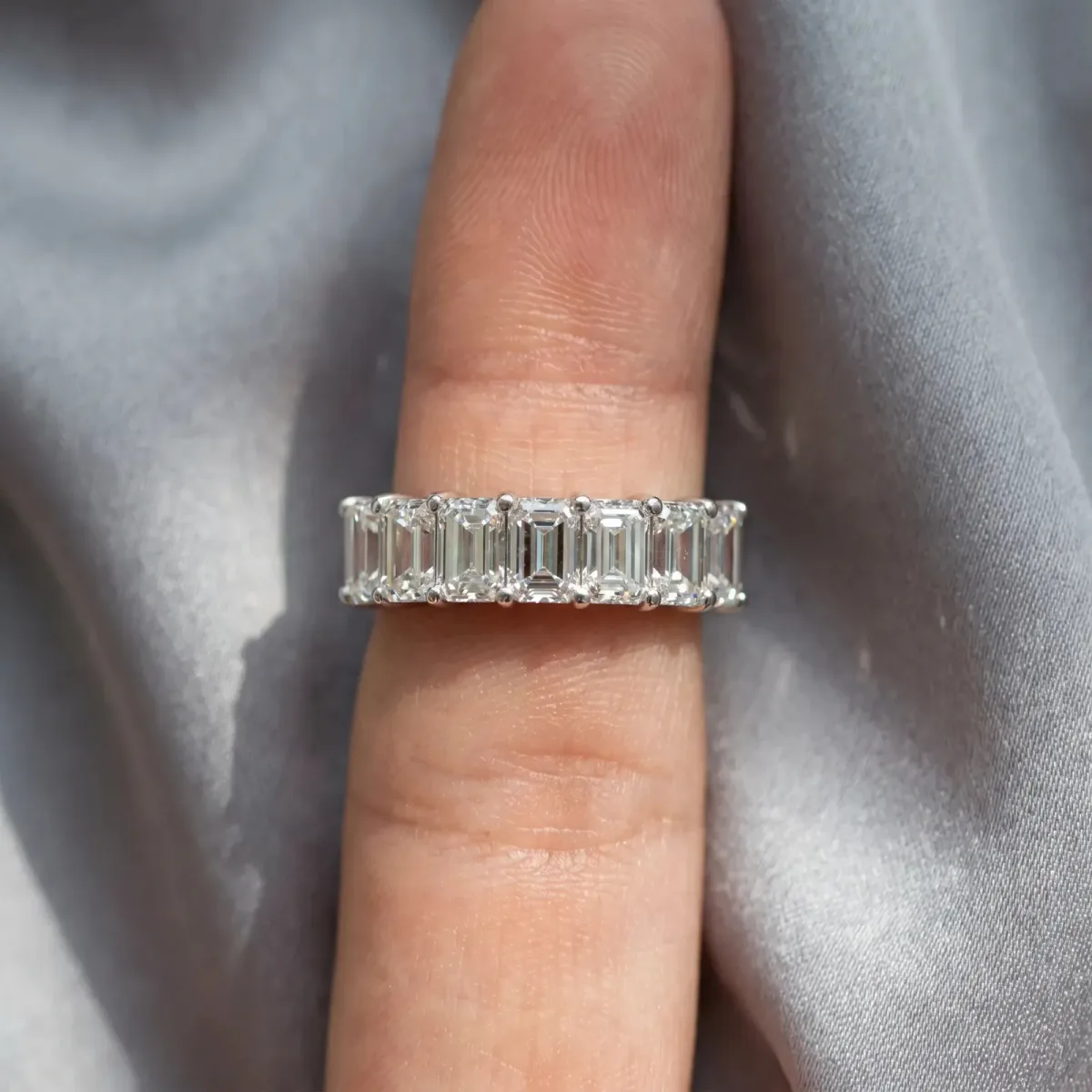 Emerald Cut Diamond Prong-Set Half Eternity Band Silver
