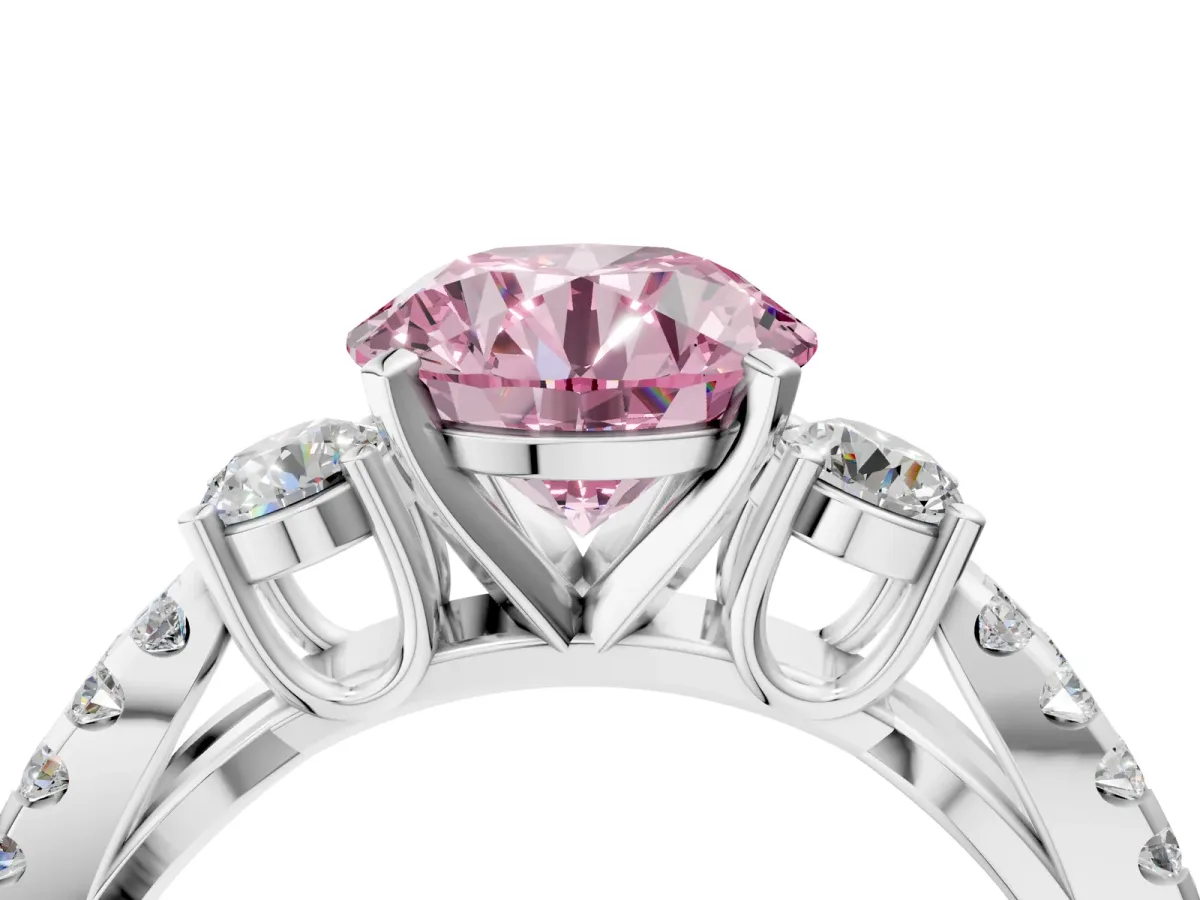 Fancy Pink Round Cut Diamond Three-Stone Ring with Pavé Split Shank and Four-Prong Setting Silver