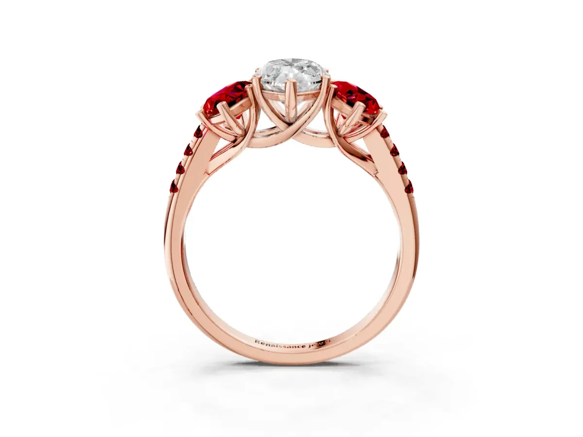 Three-Stone Marquise Cut Diamond Ring with Round Ruby Pavé Band and Prong Setting Rose gold