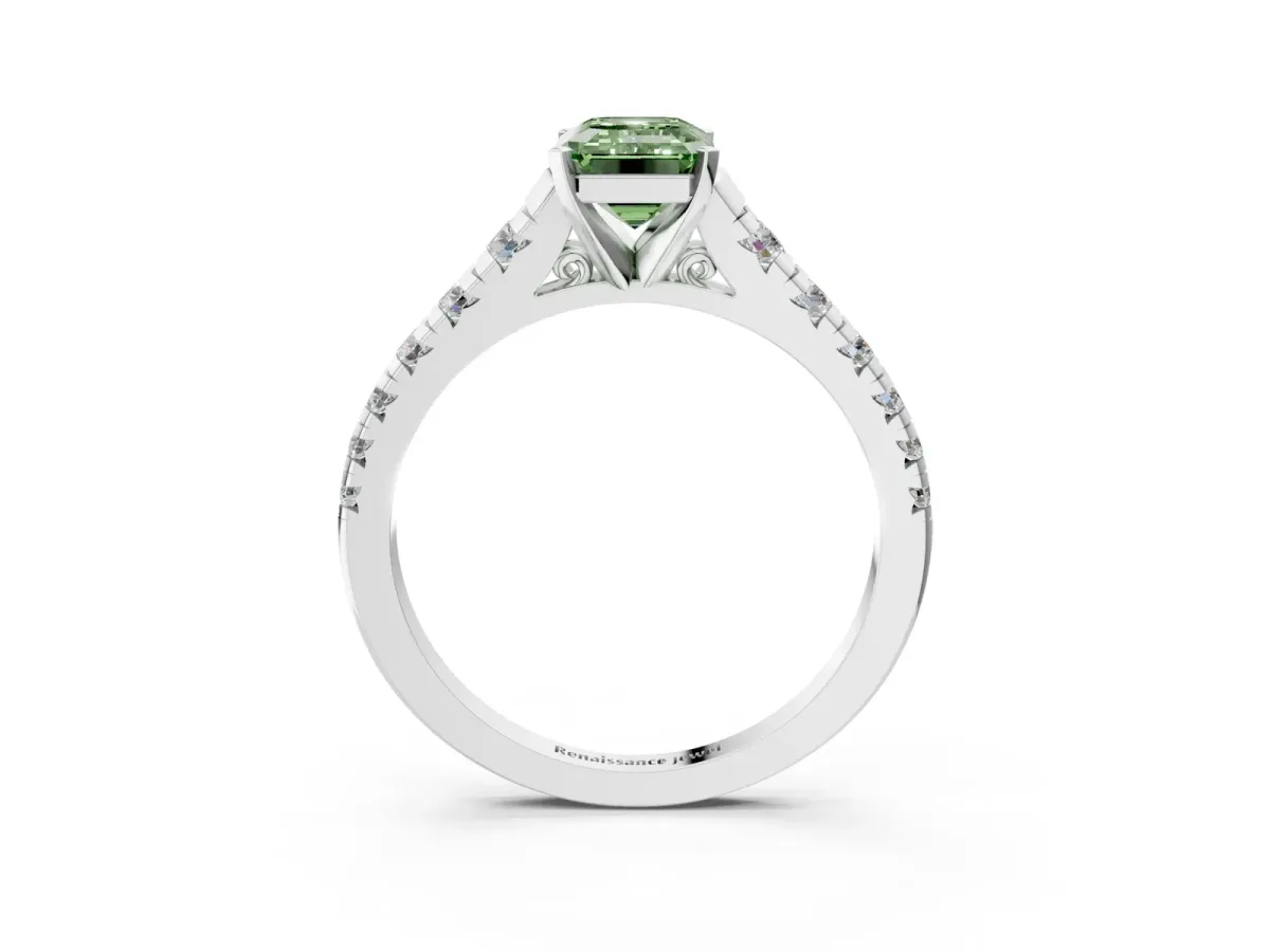 Fancy Green Emerald Cut Diamond Cathedral Solitaire Ring with Round Pavé Band Platinum