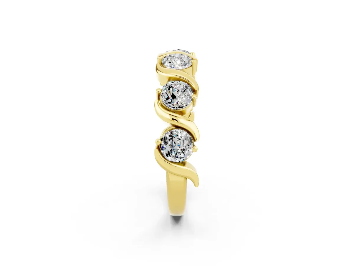 Six-Stone Round Moissanite Wave Band with Shared Prong Setting Yellow gold