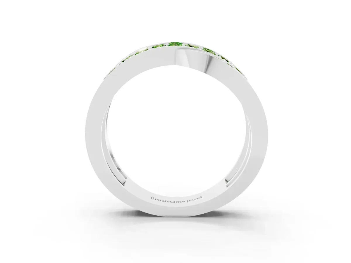 Pavé Round Peridot Crossover Band with Bead Prong Setting Platinum